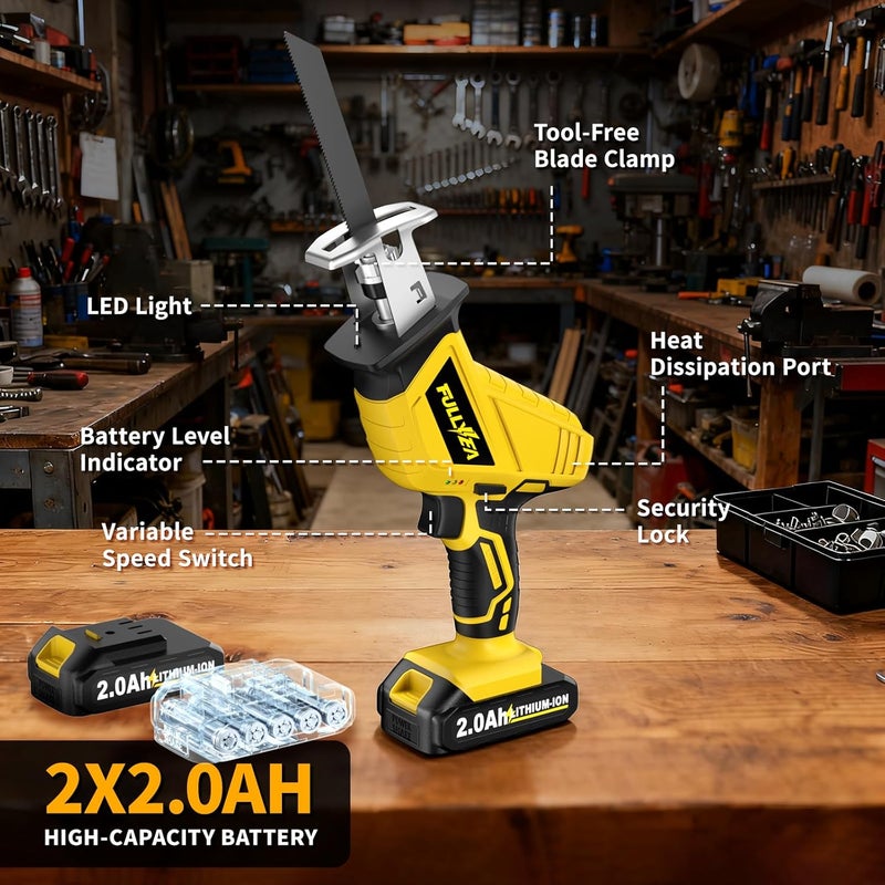 FULLYEA Reciprocating Saw Cordless, Variable Speed 0-3500SPM Power Reciprocating Saw, Tool-Free Blade Change, Battery Reciprocating Saws with 4 Saw Blades for Woods/Metal/Plastic Cutting, Yellow - Image 3